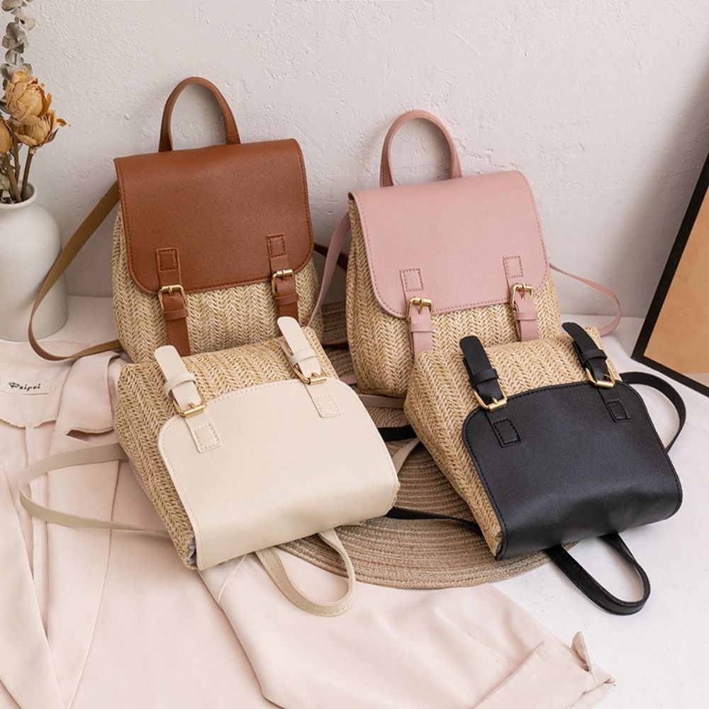 Luxury Bags Design - Trend PU Leather Straw Backpack Retro